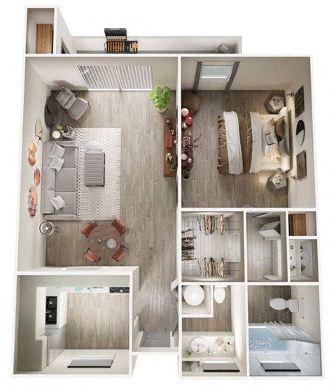 Floor plan for 1 bed, 1.5 baths, 690 sqft